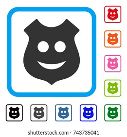 Shield Smile Smiley icon. Flat gray pictogram symbol in a blue rounded square. Black, gray, green, blue, red, orange color variants of Shield Smile Smiley vector. Designed for web and app interfaces.