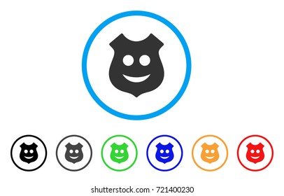Shield Smile Smiley rounded icon. Style is a flat shield smile smiley grey symbol inside light blue circle with black, gray, green, blue, red, orange color versions.