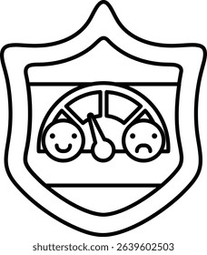 A shield with a smiling face and a frowning face with a speedometer in between. The shield is meant to represent a safe and secure environment