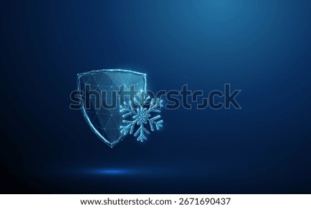 Shield with a snowflake. Cold protection, frost resistance, durability, safety, reliability, winter readiness, environmental resilience concept. Low poly digital futuristic style, wireframe. Vector.