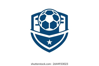 Shield with soccer ball laurel stars and ribbon in blue logo design vector icon template
