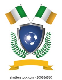 a shield with a soccer ball, a ribbon, a pair of flags and a laurel wreath