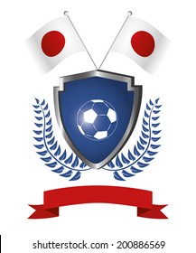 a shield with a soccer ball, a ribbon, a pair of flags and a laurel wreath