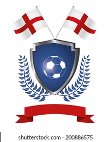 a shield with a soccer ball, a ribbon, a pair of flags and a laurel wreath