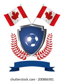 a shield with a soccer ball, a ribbon, a pair of flags and a laurel wreath
