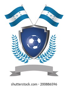 a shield with a soccer ball, a ribbon, a pair of flags and a laurel wreath