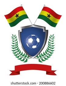 a shield with a soccer ball, a ribbon, a pair of flags and a laurel wreath