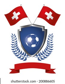 a shield with a soccer ball, a ribbon, a pair of flags and a laurel wreath