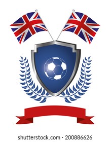 a shield with a soccer ball, a ribbon, a pair of flags and a laurel wreath