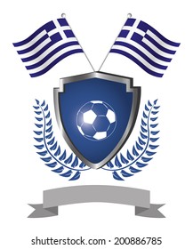 a shield with a soccer ball, a ribbon, a pair of flags and a laurel wreath