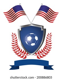 a shield with a soccer ball, a ribbon, a pair of flags and a laurel wreath