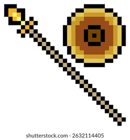 Schild und Speer in Pixelkunst einzeln auf weißem Hintergrund