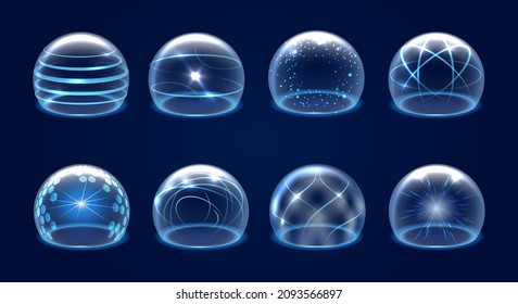 Shield spheres. Futuristic circle shells, protection technology vectors, protected fields bubbles, force protective dome elements image on blue background