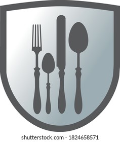 Shield with spoon, knife, fork and teaspoon silhouettes.