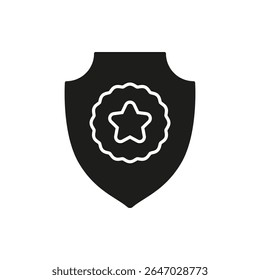 Shield With Star Emblem Solid Icon. Security Certification And Quality Assurance Silhouette Symbol. Protection And Trust Guarantee. Isolated Vector Illustration.
