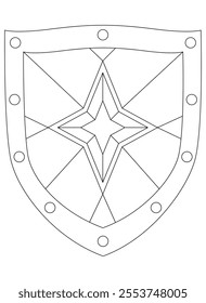 Shield with star, heraldic shield - vector linear image for coloring. Outline. Medieval shield for coloring book