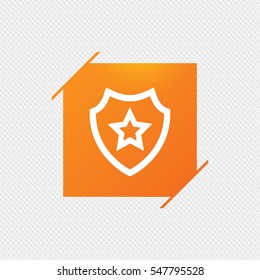 Shield with star icon. Favorite protection symbol. Orange square label on pattern. Vector
