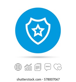 Shield with star icon. Favorite protection symbol. Copy files, chat speech bubble and chart web icons. Vector