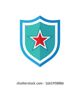 Shield  star icon logo design flat style. Protection abstract symbol. Army military strong sign. Access antivirus badge icon. Vector illustration on white background. 