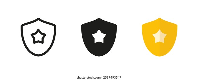 Shield with star icon. Protection emblem symbol. Security vector illustration. Star badge sign. Defense and safety pictogram. Guard and authority concept.