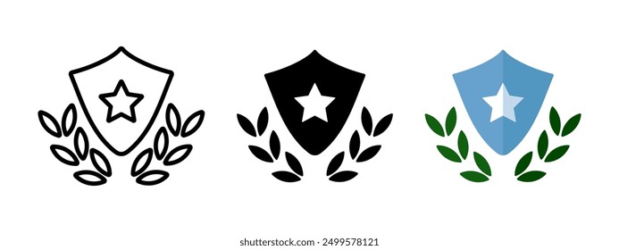 Shield with star and laurel wreath icon. Protection and security symbol. Heraldic warranty and guarantee badge. Insignia with laurel chaplet vector illustration. Shield with star and leaves isolated.