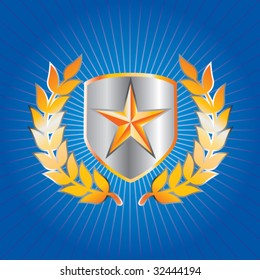 shield with star and leaves on blue starburst