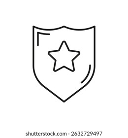 Shield With Star Line Icon. Security, Protection, And Safety Assurance Outline Symbol. Defense And Trust Representation. Editable Stroke. Isolated Vector Illustration.
