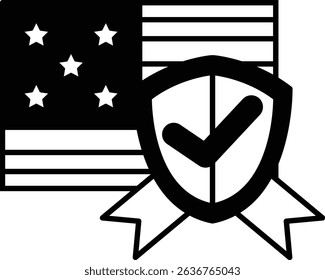 A shield with a star on it and a check mark. The shield is on top of a flag