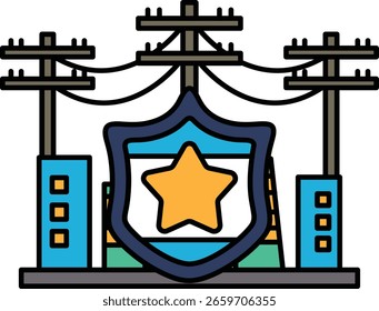 Um escudo com uma estrela é mostrado acima de uma paisagem urbana. O escudo e a estrela são símbolos de proteção e força, e a paisagem urbana representa um ambiente urbano movimentado