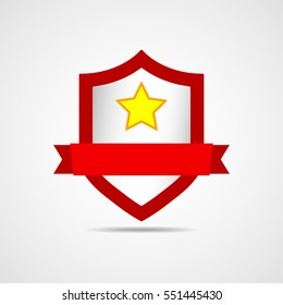 Shield with star and ribbon in flat design. Simple red shield icon. The concept of protection. Vector illustration.