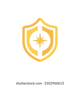 Shield with star vector. Golden shield. Abstract shield icon with wind rose vector. Compass in shield icon. Vector illustration.