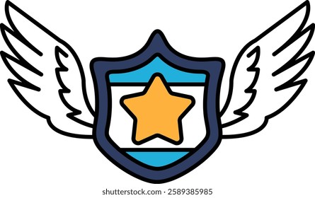A shield with a star and wings on it. The shield is blue and white