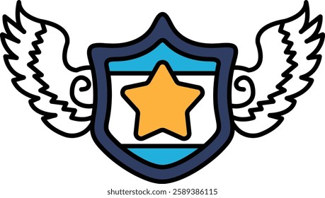 A shield with a star and wings on it. The shield is blue and white. The star is yellow