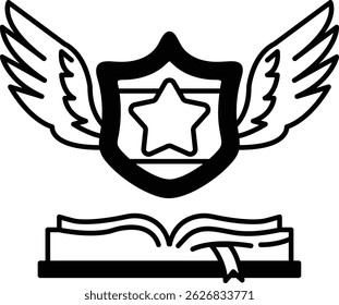 A shield with a star and wings is shown above an open book