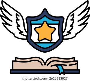 A shield with a star and wings is shown above an open book. The shield and star are symbols of protection and achievement, while the open book represents knowledge and learning