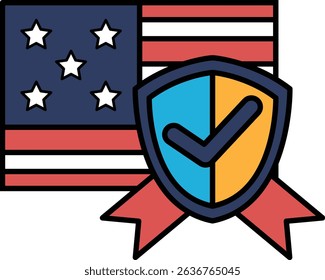 A shield with stars and stripes on it is shown next to an American flag. The shield is a symbol of protection and security, and the flag represents the country of America
