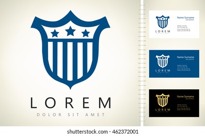 shield with the stars vector design with business card template editable.