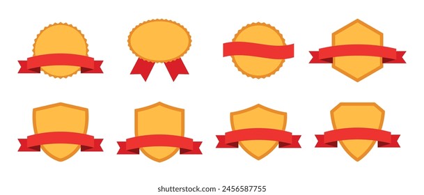 Shield with stitched ribbon template and elements for logo design in flat vector in red and yellow color. Elements for Logos. Shield and ribbon collection logo elements set. Vector logo