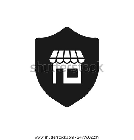 Shield with store. Secured shop icon flat style isolated on white background. Vector illustration