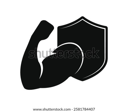 Shield Strong Protection Logo Design Vector stock illustration. Muscle Silhouette Strong Arm Biceps Bodybuilder Athlete Fitness Gym Vector Design Illustration stock illustration