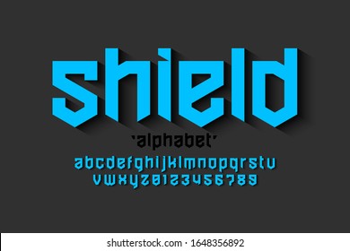 Shield style font design, security, protection theme alphabet, alphabet letters and numbers, vector illustration