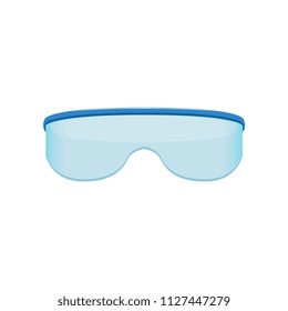 Shield style sunglasses with blue tinted lenses. Protective eyewear. Trendy fashion design. Flat vector sticker for mobile app