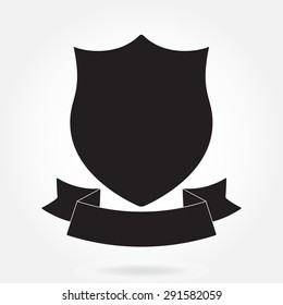 Shield and stylish ribbon isolated on white background. Black shield shape.  Heraldic royal design. Vector illustration.