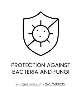 Shield with sun and bacteria icon showing antimicrobial and antifungal protection for bedding packaging and health focused sleep products, line icon in vector with editable stroke