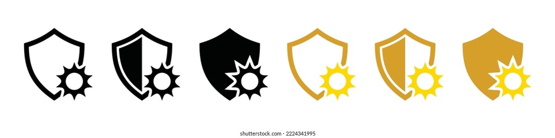 Shield sun resistant icon set. Protection from sun or sun protection or protect from UV resistant icon. Shield protector, secure, protect, scutum, safeguard sign, vector illustration