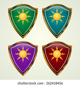 Shield with sun. Vector illustration. 