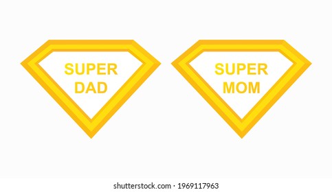 Shield Super Mom and Super Dad. Golden shields of the heroes of the parents drawn in a flat style and isolated on a light background. Vector illustration 