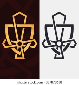 Shield and sword. abstract logo, monochrome, and with a golden texture, element for template.