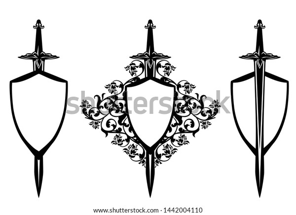 バラの花の中で盾と剣 装飾的な中世の保護シンボル白黒のベクター画像デザイン のベクター画像素材 ロイヤリティフリー