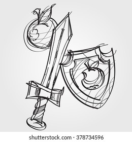 Shield, sword, and an apple. Black and white sketch of a cartoon.